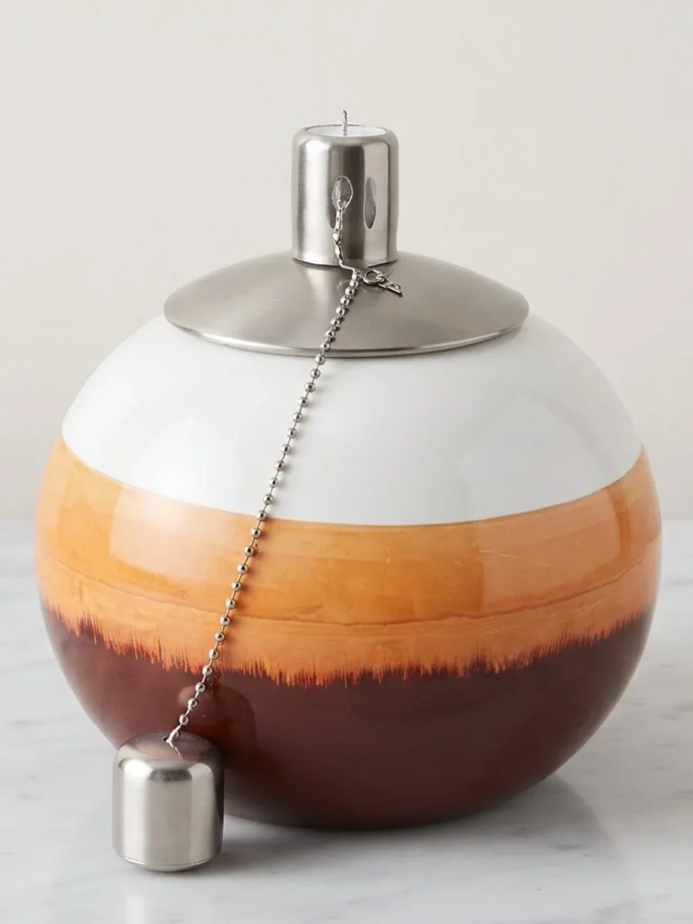 VTG Glass Fragrance Oil Lamp Mid Century Modern Amber White Glass Metal Wick 7
